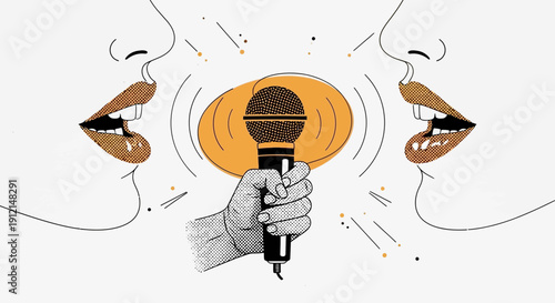 Person speaks into microphone with expressive lips on Vector illustration