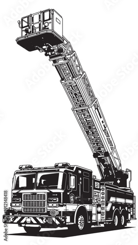 Fire ladder truck with extending aerial platform ready for emergency response and rescue operations.