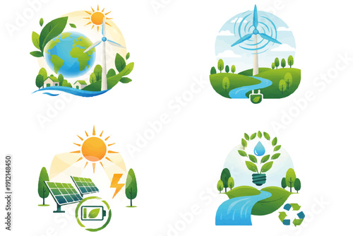 Green energy sustainability eco illustration set featuring solar wind hydro earth and nature conservation concepts in clean vector design.