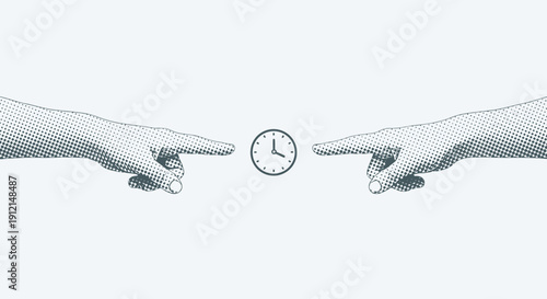 Two hands reaching for a clock in a creative Vector illustration