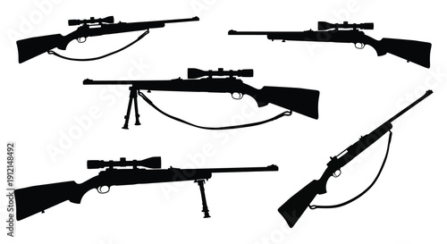 A collection of black silhouette illustrations depicting various rifle designs including scoped and un scoped models high quality professional detailed