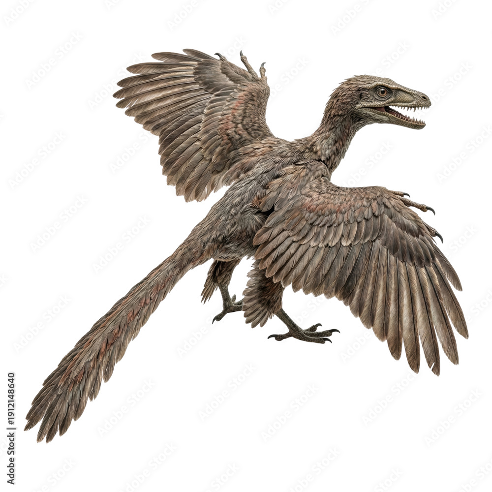 Obraz premium Archaeopteryx flying feathered dinosaur isolated. Prehistoric bird link.