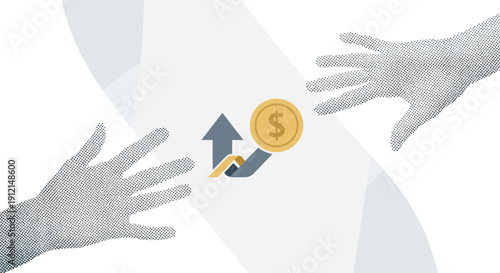 Hands exchanging money with arrows indicating financial growth