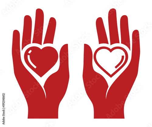 Red hands with heart symbols on palms