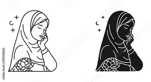 Muslim woman praying hands hijab religious devotion spirituality vector illustration
