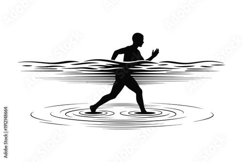 A men walking through water silhouette vector art 
