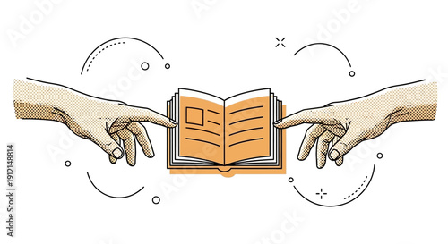 Two hands reaching for an open book with decorative lines around it
