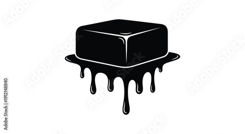 A stylized black and white illustration depicting a melting block of chocolate with dripping viscous liquid high quality professional detailed modern