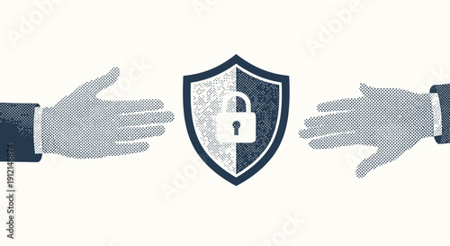 Hands on either side of shield with lock on white background Vector