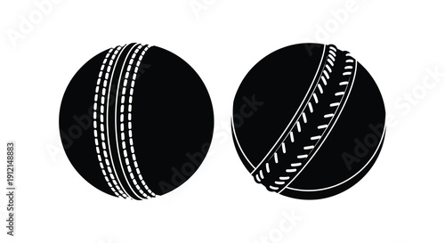 A graphic depiction showcases two black cricket balls one with visible stitching and the other angled slightly high quality