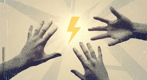 Three hands reaching for a glowing yellow lightning bolt in air