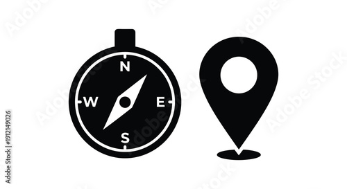 A simple black and white illustration depicts a compass with cardinal directions and a location pin icon high quality
