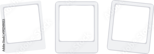 Blank Polaroid photo frames template arranged in three variations, tilted angles for creative collage, modern design placeholder for photography, artwork, branding, and digital presentation projects