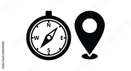 A simple black and white illustration depicts a navigational compass alongside a location pin icon symbolizing direction and place