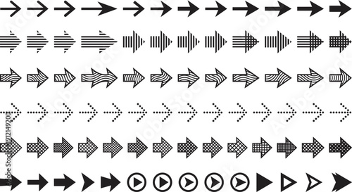 Collection of right‑pointing arrow icons in multiple styles, solid, striped, dotted, circular, and abstract designs for user interface, presentations, branding, and graphic projects