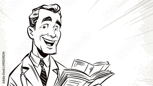 Excited Retro Comic Book Style Man Joyfully Reading Newspaper or Magazine with Happy, Surprised Expression. Vintage Black and White Illustration.