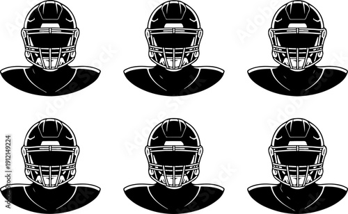 American Football Player Helmet Front View Black and White Vector Set
