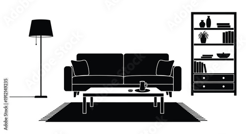 A minimalist black and white illustration depicts a living room scene with a sofa bookshelf and lamp high quality professional detailed