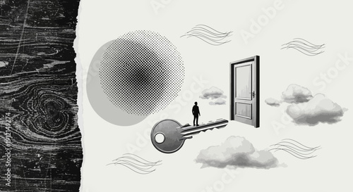 Man holds giant key to open door in cloudy sky with abstract background