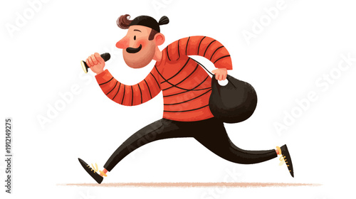 Humorous cartoon illustration of a thief running with a crowbar and a black sack of stolen goods, escaping after a crime.