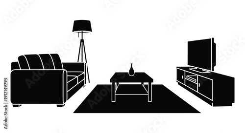 A minimalist black and white illustration depicts a modern living room arrangement with furniture and decor high quality professional detailed elegant