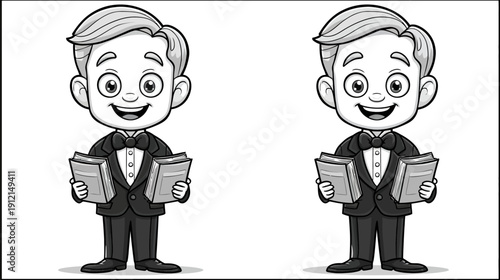Happy Cartoon Boys in Tuxedos Holding Songbooks, Singing Choir Performance Vector Illustration