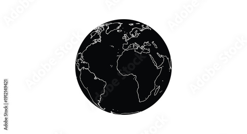 A stark black and white illustration depicts the earth showcasing continental outlines with a minimalist aesthetic and shadowed depths high quality