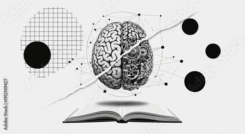 Brain illustration split in two emerging from open book with geometric shapes