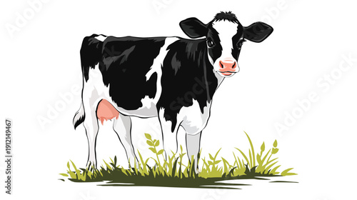 Black and white dairy cow standing in grass, cartoon vector illustration of farm animal, livestock graphic on white background.