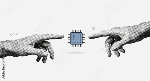Hands reaching towards microchip in modern art style vector illustration