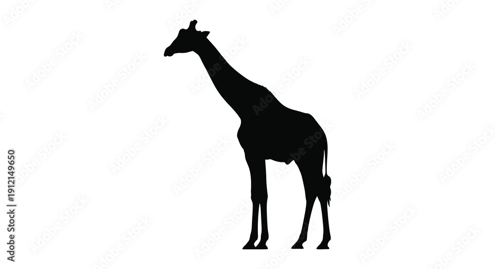 Fototapeta premium A striking silhouette of a giraffe stands prominently against a clean bright white background showcasing its long neck