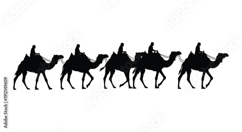 A striking black silhouette depicts a caravan of five camels and their riders traversing a barren landscape high quality