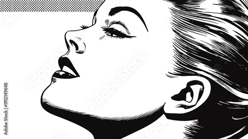 Expressive black and white illustration of a woman's face in profile, looking up with a thoughtful, hopeful gaze in a retro comic book style