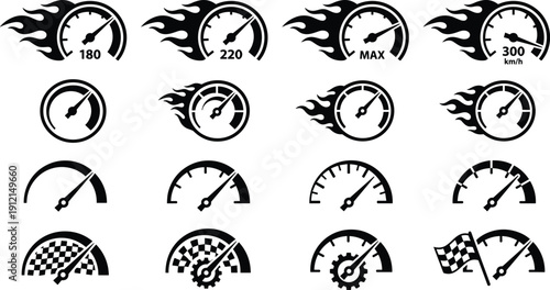 Speedometer icon set with flames, racing flags and performance indicators for automotive theme - flat vector illustration