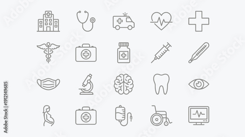 Healthcare and Medical Outline Icons Set: Hospital, Stethoscope, Ambulance, Syringe, Mask, Brain, Tooth