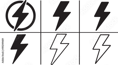 Lightning bolt icons in outline and solid styles. Energy flash symbols for power and charging UI.