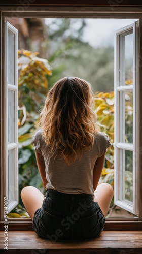 Woman sits by open window looking at green plants outside during daytime in a cozy setting