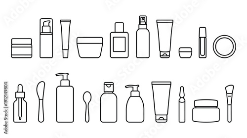 Collection of outline cosmetic bottles, jars, tubes, and tools for beauty product design.