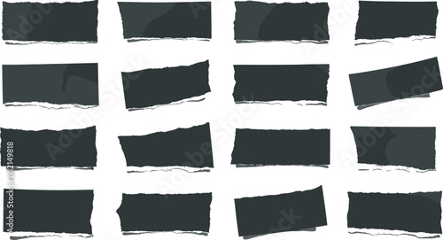 Collection of irregular torn paper rectangle shapes with distressed edges, black textured design elements for scrapbooking, collage, labeling, creative artwork, and digital graphic projects