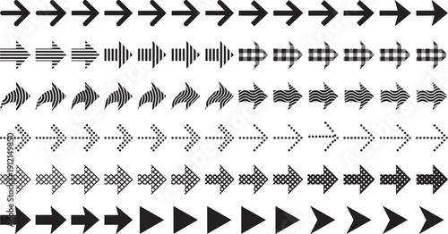 Collection of right‑pointing arrow icons in multiple styles, solid, striped, dotted, checkered, and abstract designs for navigation, presentations, branding, and digital graphic projects