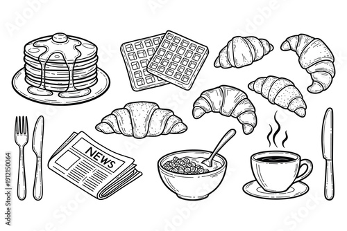 Breakfast food set with pancakes croissants coffee and newspaper flat design vector illustration