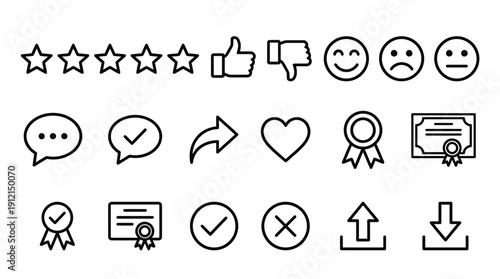 Comprehensive UI/UX icon set for feedback, ratings, social media, and achievement badges