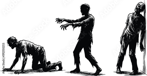 Three creepy zombie figures in black and white horror illustration—ideal for Halloween, undead themes, spooky designs, and dark visual storytelling projects.