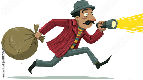 Cartoon illustration of a man with a mustache running with a sack and flashlight, depicting a thief, robber, or fugitive escaping