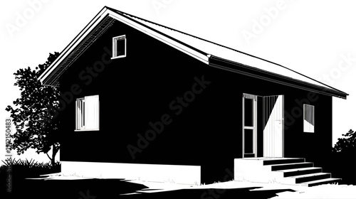 High contrast black and white vector illustration of a single-story house with a gable roof, steps, and surrounding trees.