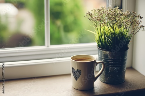 Warm coffee cup sits on a windowsill next to a small plant under soft morning light