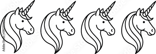 Unicorn head silhouette vector set, black and white stylized mythical creature icons with spiraled horn and flowing mane