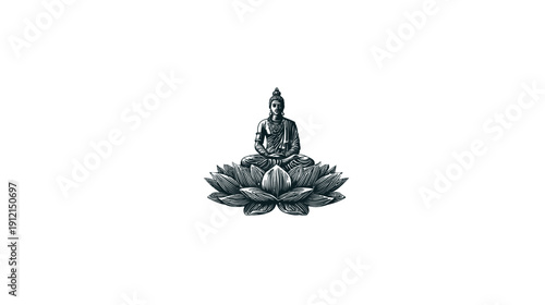 Serene Buddha statue meditating on a lotus flower, a spiritual symbol of peace, enlightenment, and harmony