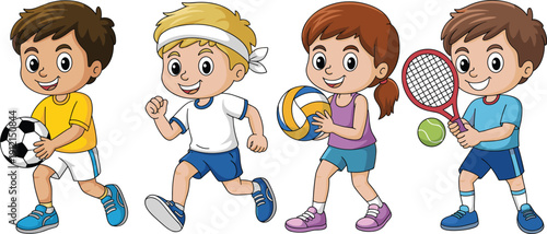 Happy children playing different sports, soccer football volleyball tennis, cute cartoon illustration isolated on white background for kids active lifestyle