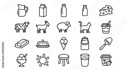 Dairy Products and Farm Animals Line Icons Set: Milk, Cheese, Yogurt, Butter, Cow, Goat, Sheep